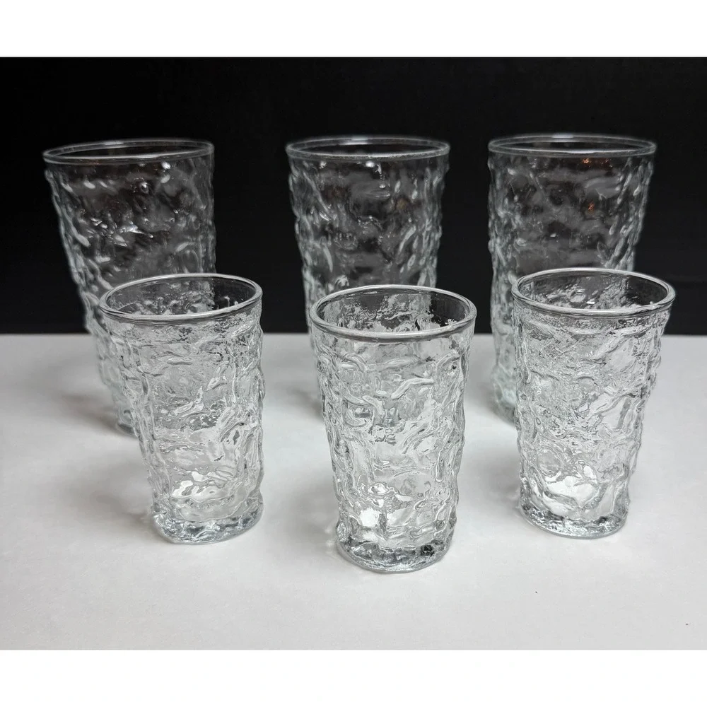VTG Anchhor Hocking Milano Clear Bark Textured Glass Tumbler Juice Set 6pc MCM